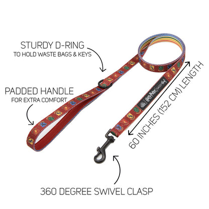 The Harness Three Piece Bundle - Harry Potter™ by Sassy Woof includes a red leash with colorful designs, sturdy D-ring, padded handle, 60-inch (152 cm) length, and 360° swivel clasp—perfect to match your Harry Potter dog collar. Labels highlight each feature.