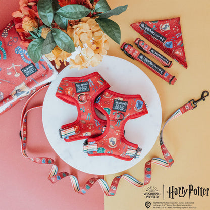 The Sassy Woof Harness Three Piece Bundle - Harry Potter™ is displayed with collars, a bandana, and a leash on a white round tray with orange and yellow flowers, against a pink and yellow background.