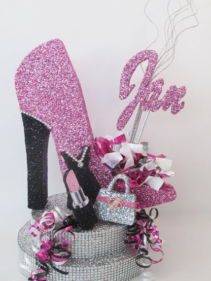 High Heel Shoe with Rhinestone Base, Lipstick, Dress and Purse Cutout