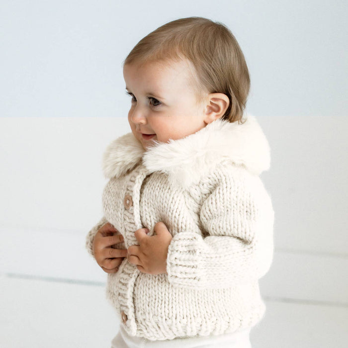 Huggalugs Fur Collar Cardigan in Natural