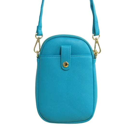 Blue crossbody bag with a gold clasp on a white background