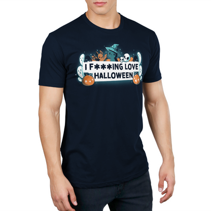 Premium Cotton T-shirt_TeeTurtle I F***ing Love Halloween navy blue t-shirt featuring the words "I F***ING LOVE HALLOWEEN" written in a black font on a white background surrounded by white ghosts, a black cat wearing a witch's hat, black spiders, pumpkins and jack-o-lanterns, white skulls and an evil bunny with bat wings.