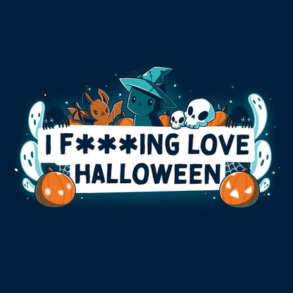 Classic Cotton T-shirt_TeeTurtle I F***ing Love Halloween navy blue t-shirt featuring the words "I F***ING LOVE HALLOWEEN" written in a black font on a white background surrounded by white ghosts, a black cat wearing a witch's hat, black spiders, pumpkins and jack-o-lanterns, white skulls and an evil bunny with bat wings.