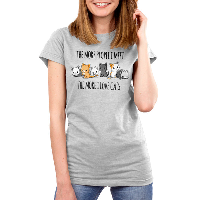 Premium Cotton T-shirt_Teeturtle I Love Cats silver gray t-shirt featuring an illustration of six cats sitting in a row with the text "The more people I meet, the more I love cats."