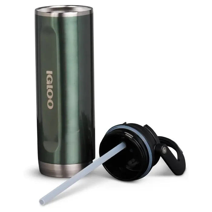 Igloo Flip ‘n’ Sip Insulated Tumbler 591ml size in spruce green colour with the drinks cap removed on a white background