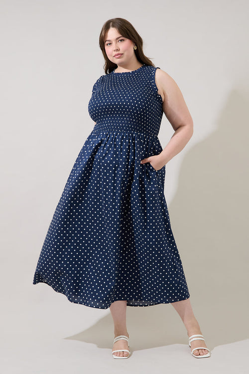 Ivany Polka Dot Cecil Smocked Midi Dress Curve