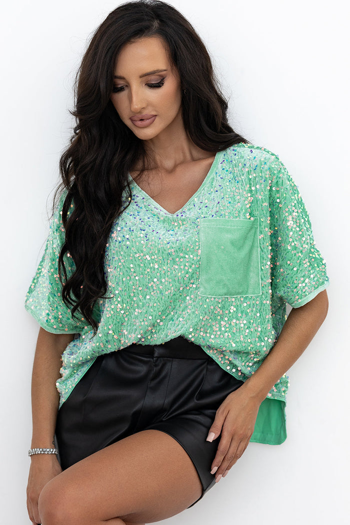 Jade Sequin Batwing Sleeve V-Neck Velvet Blouse - Occasionwear/party tops