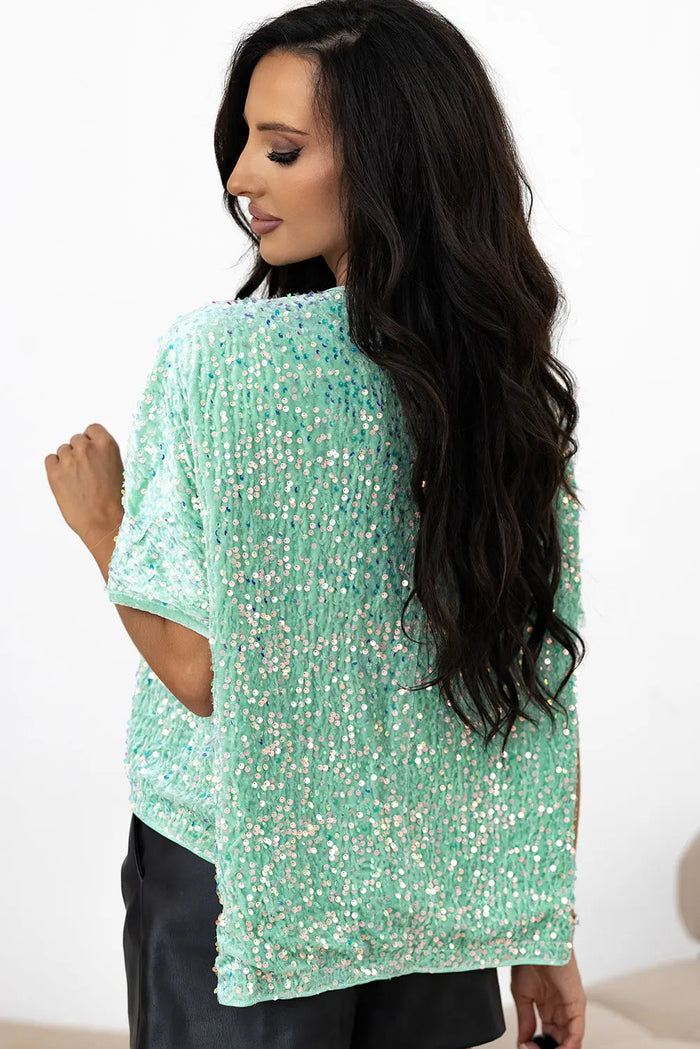 Jade Sequin Batwing Sleeve V-Neck Velvet Blouse - Occasionwear/party tops