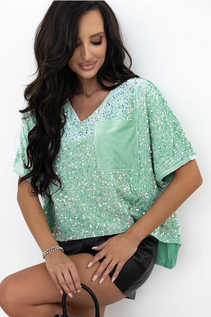 Jade Sequin Batwing Sleeve V-Neck Velvet Blouse - Occasionwear/party tops