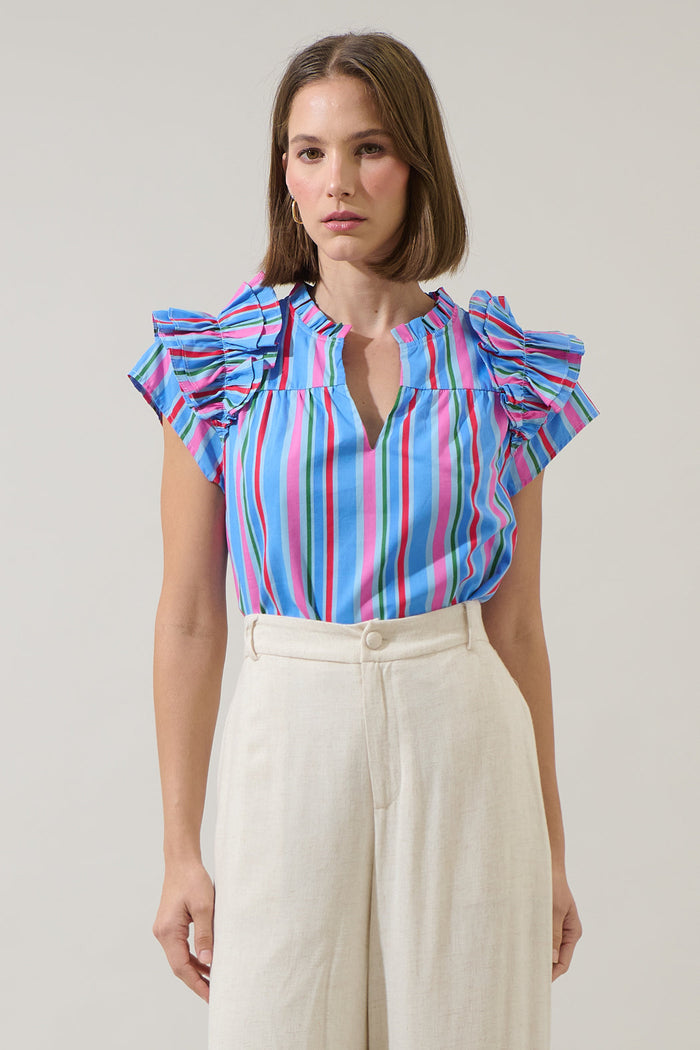 Jaimie Stripes Ramona Ruffle Split Neck Top