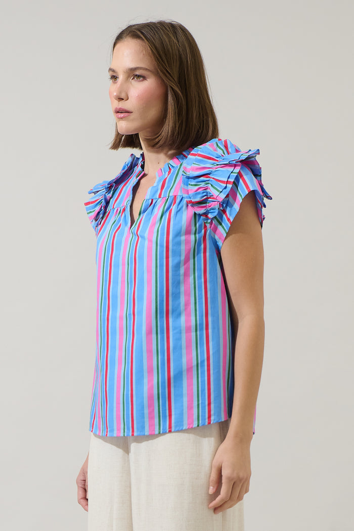 Jaimie Stripes Ramona Ruffle Split Neck Top