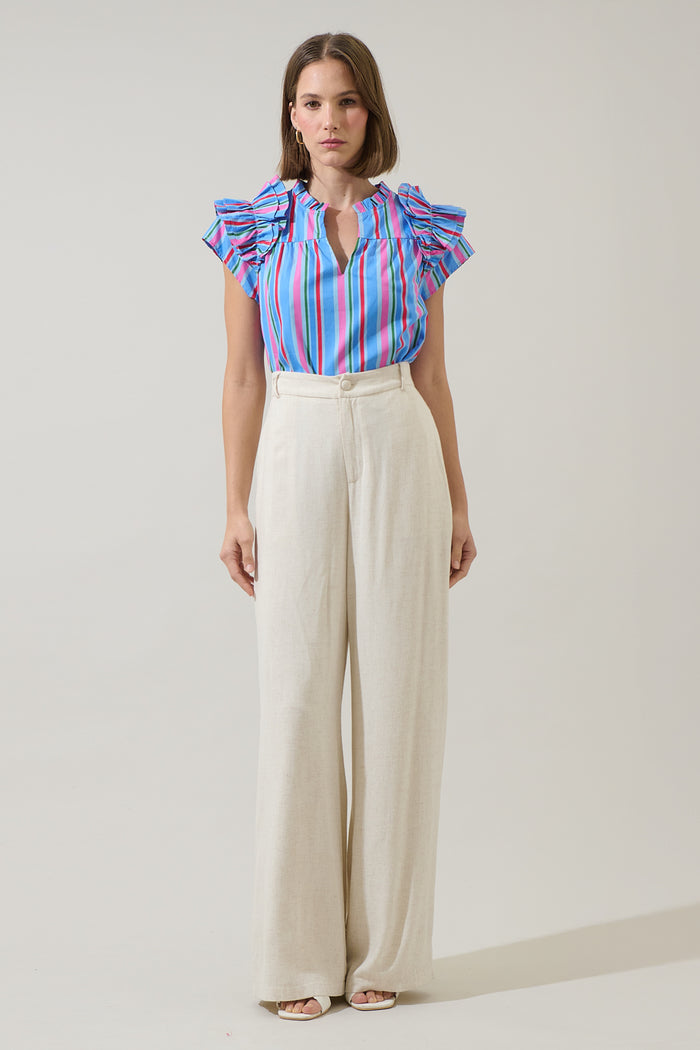 Jaimie Stripes Ramona Ruffle Split Neck Top