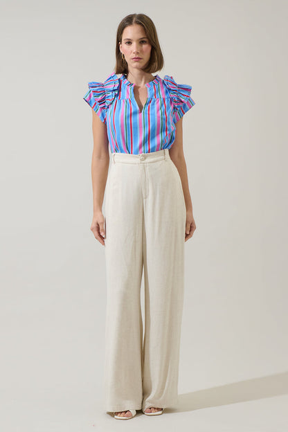 Jaimie Stripes Ramona Ruffle Split Neck Top