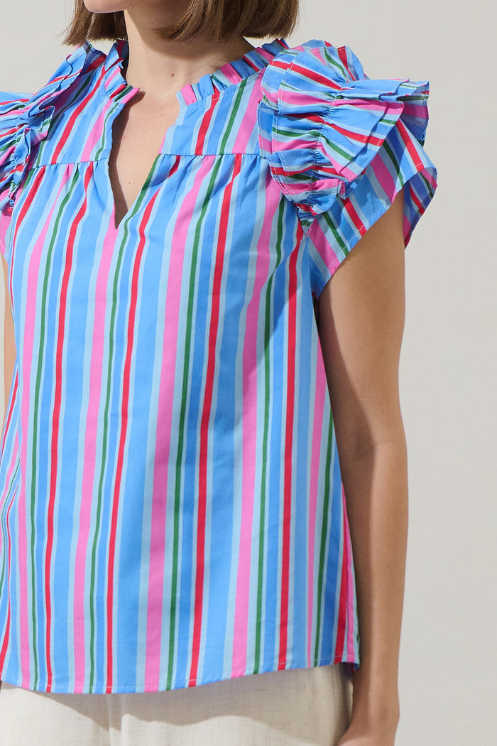 Jaimie Stripes Ramona Ruffle Split Neck Top
