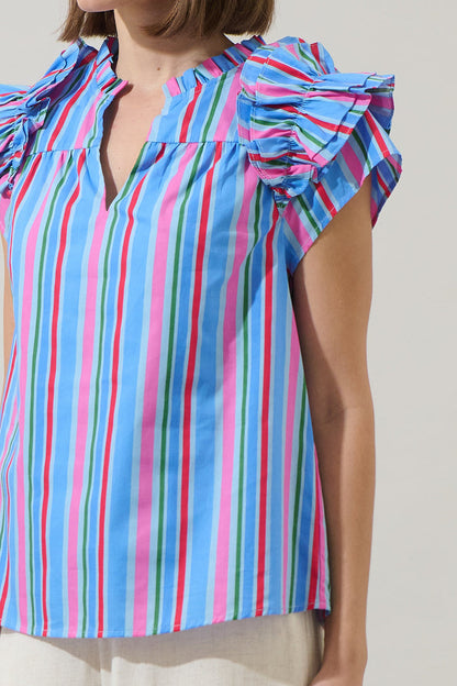 Jaimie Stripes Ramona Ruffle Split Neck Top