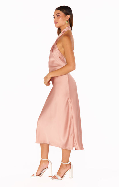Jasmine Halter Midi Dress ~ Rose Gold Luxe Satin