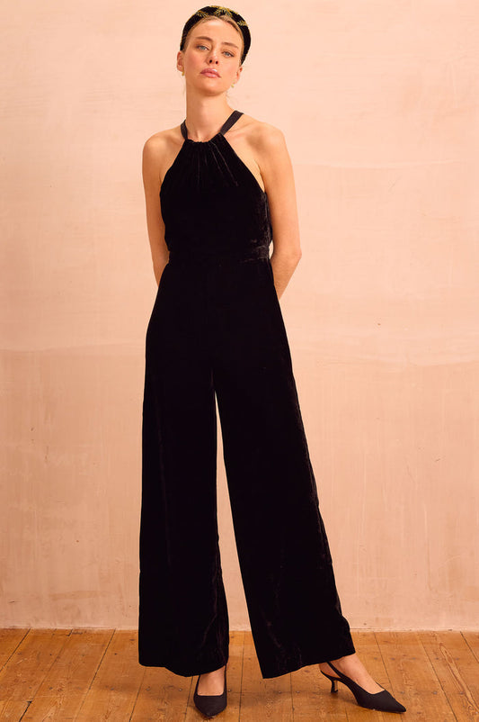 Josie Velvet Halter Neck Jumpsuit | Black - Aspiga