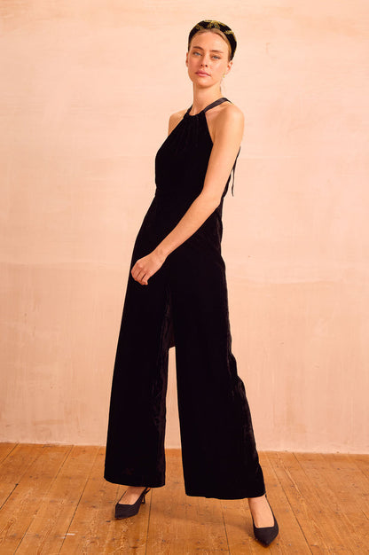 Josie Velvet Halter Neck Jumpsuit | Black - Aspiga