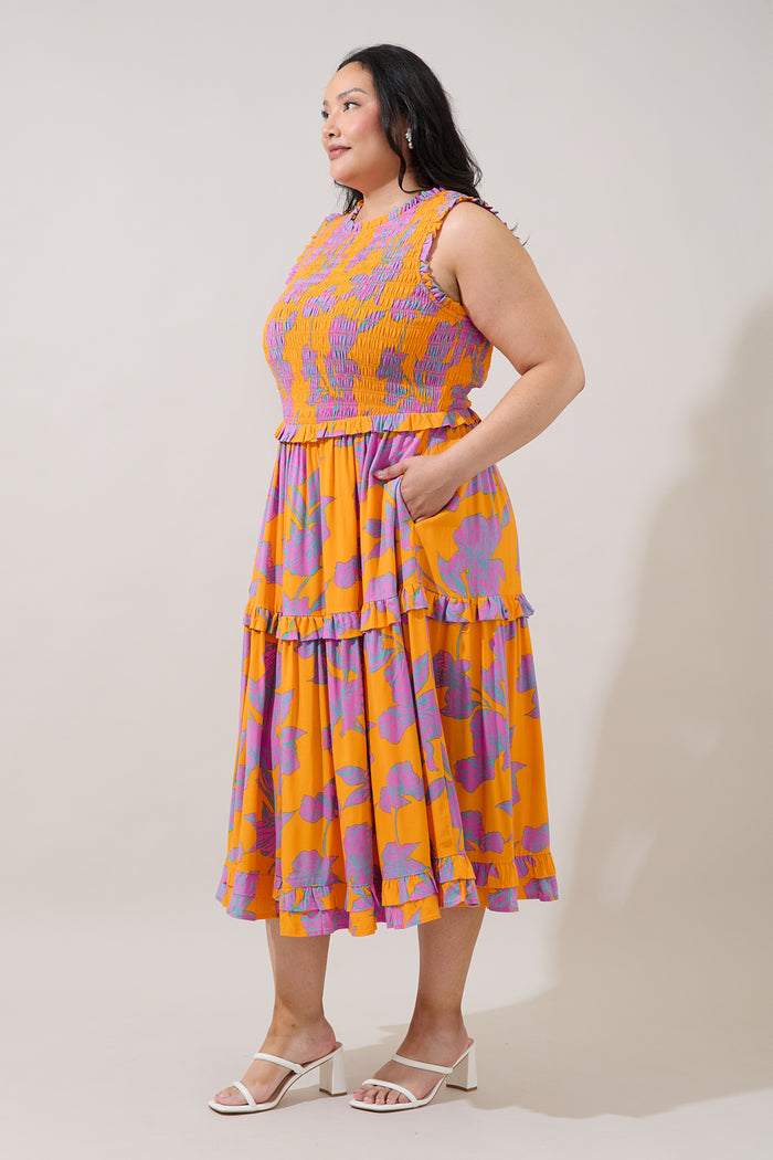 Kathia Smocked Midi Dress Floral Curve