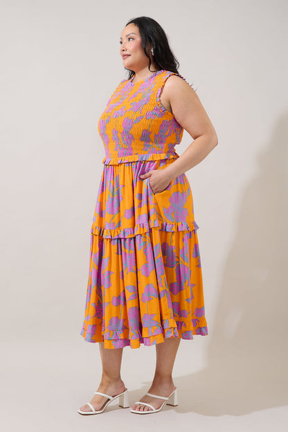 Kathia Smocked Midi Dress Floral Curve