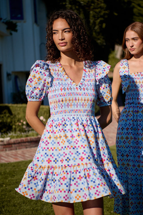 Kessa Geo Leones Smocked Mini Dress