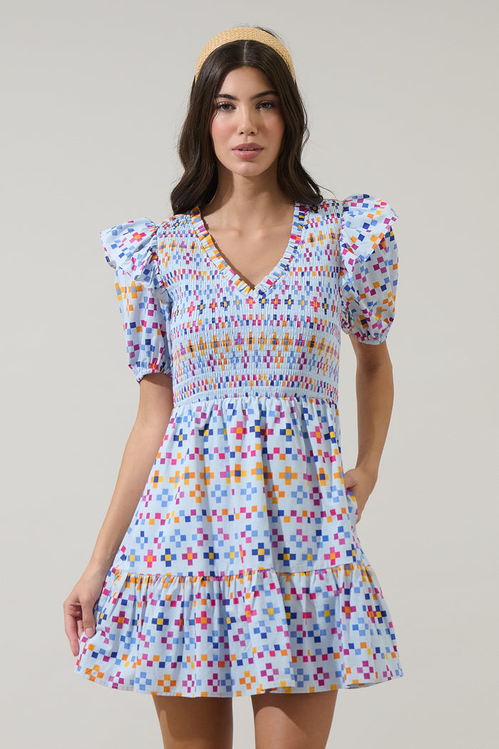 Kessa Geo Leones Smocked Mini Dress