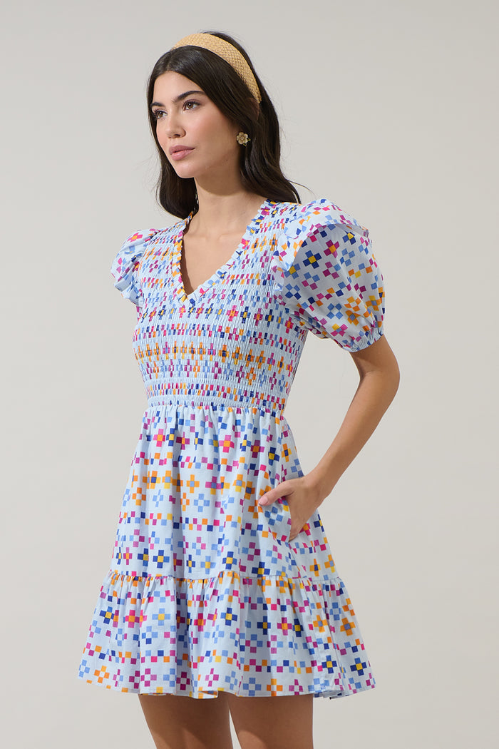 Kessa Geo Leones Smocked Mini Dress