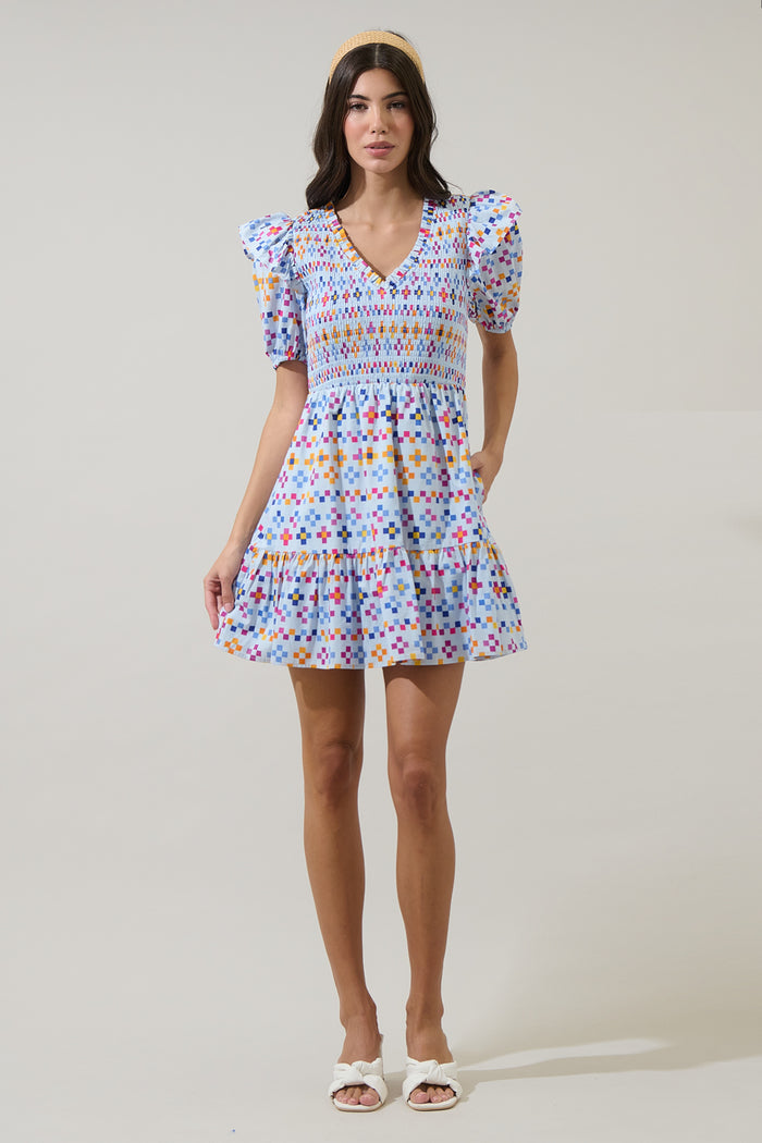 Kessa Geo Leones Smocked Mini Dress