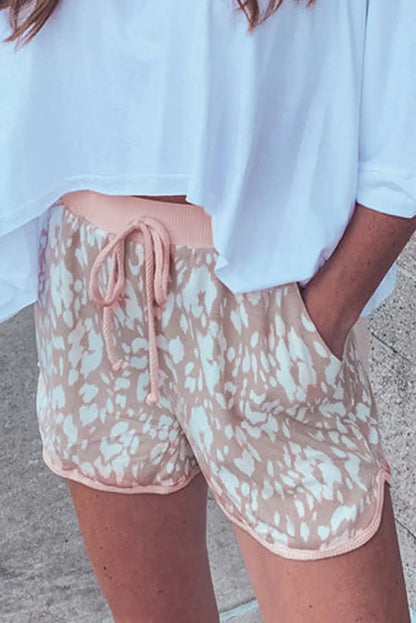 Khaki Classic Leopard Arched Hem Elastic Waist Casual Shorts - Bottoms/Casual