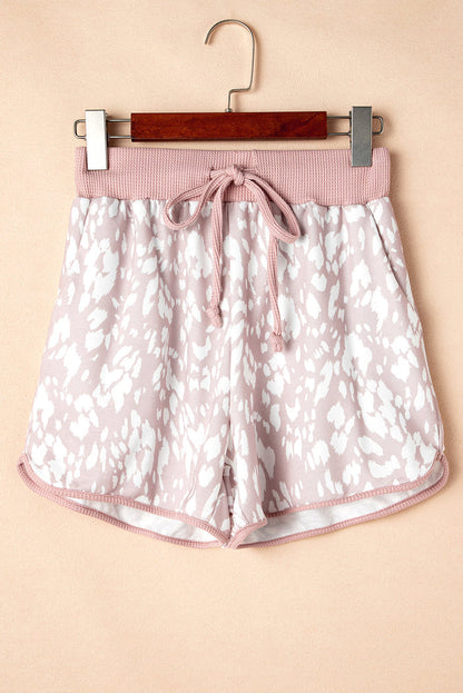 Khaki Classic Leopard Arched Hem Elastic Waist Casual Shorts - Bottoms/Casual
