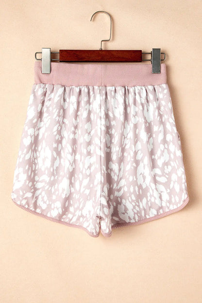 Khaki Classic Leopard Arched Hem Elastic Waist Casual Shorts - Bottoms/Casual
