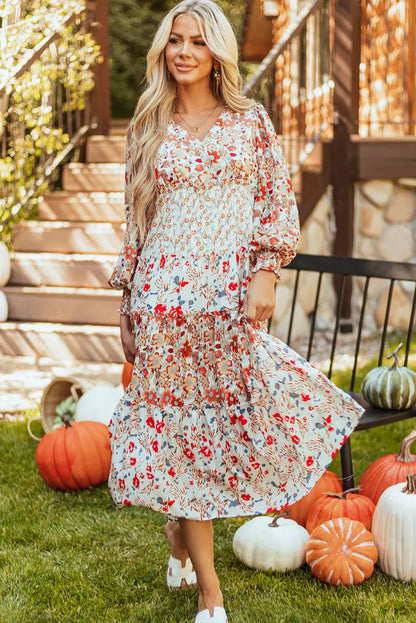 Khaki Floral Print Ruffled Tiered Long Sleeve V Neck Midi Dress - KHAKI / S / 100% POLYESTER - Dresses/Floral Dresses