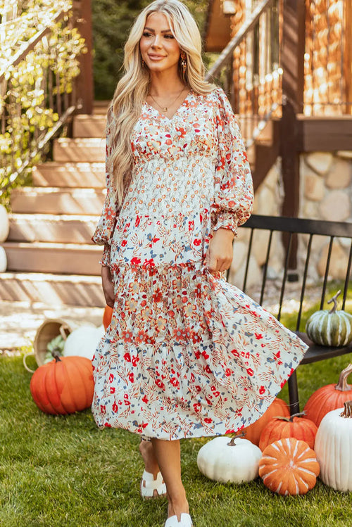 Khaki Floral Print Ruffled Tiered Long Sleeve V Neck Midi Dress - KHAKI / S / 100% POLYESTER - Dresses/Floral Dresses
