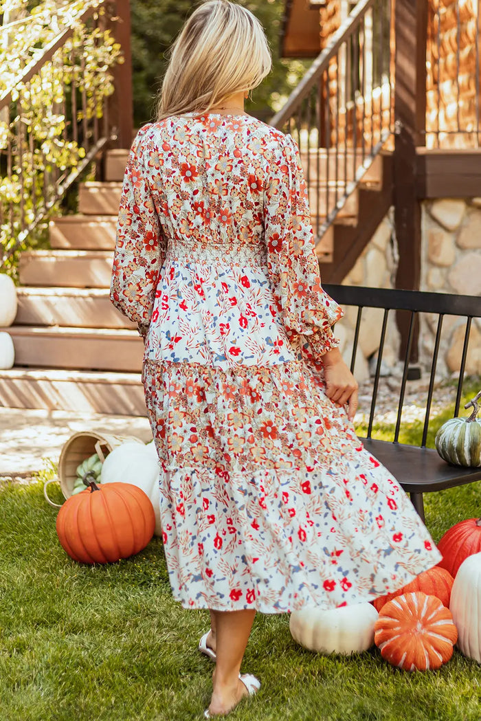 Khaki Floral Print Ruffled Tiered Long Sleeve V Neck Midi Dress - Dresses/Floral Dresses