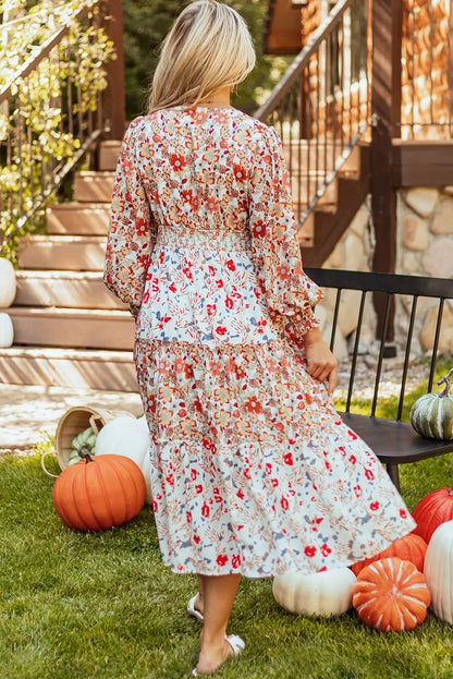 Khaki Floral Print Ruffled Tiered Long Sleeve V Neck Midi Dress - Dresses/Floral Dresses