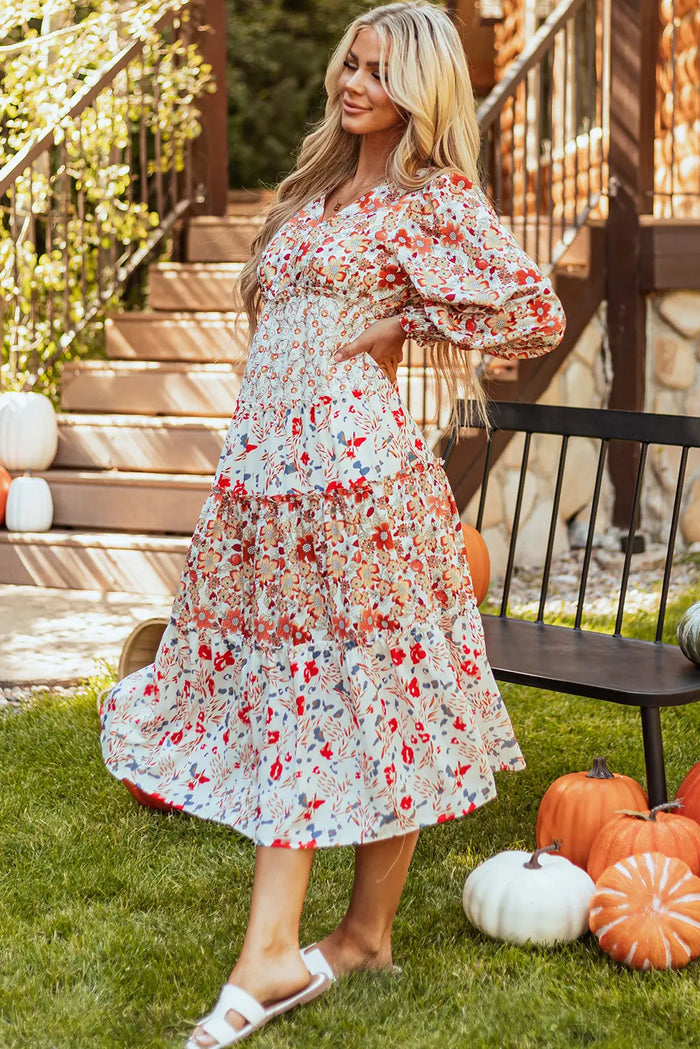 Khaki Floral Print Ruffled Tiered Long Sleeve V Neck Midi Dress - Dresses/Floral Dresses