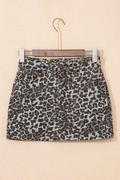 Khaki Leopard Denim Mini Skirt - 4 / 60% Cotton + 35% Polyester + 5% Elastane - Skirts/Mini