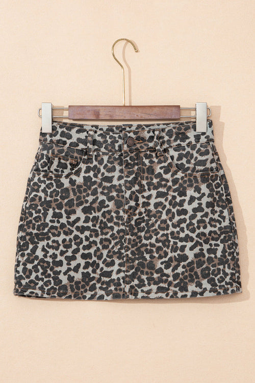 Khaki Leopard Denim Mini Skirt - 4 / 60% Cotton + 35% Polyester + 5% Elastane - Skirts/Mini