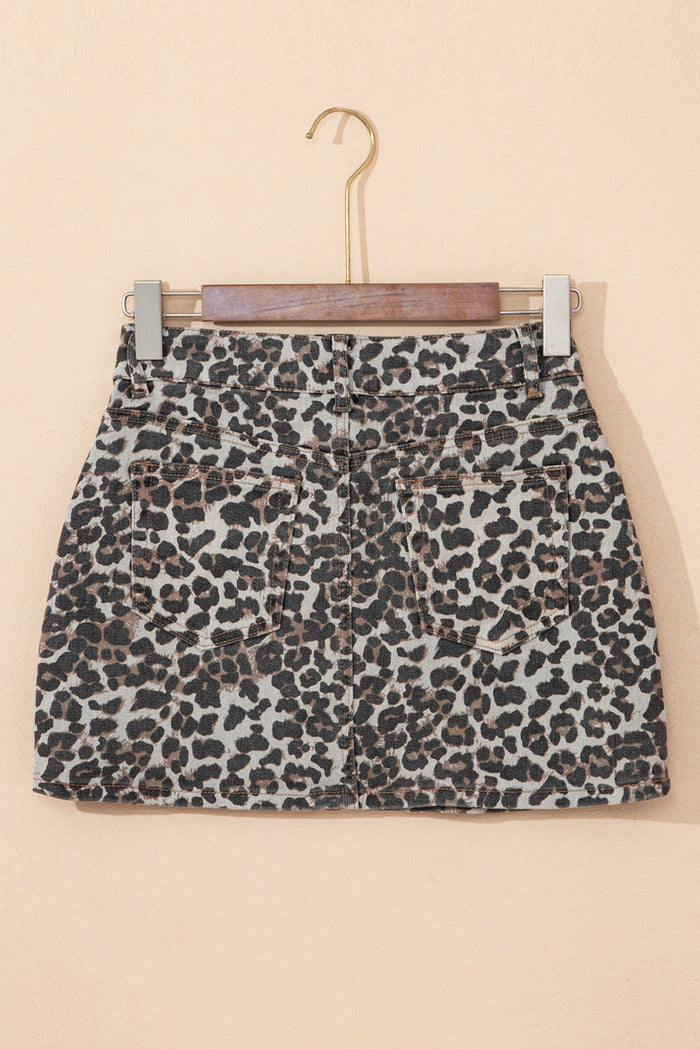 Khaki Leopard Denim Mini Skirt - Skirts/Mini