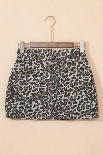 Khaki Leopard Denim Mini Skirt - Skirts/Mini