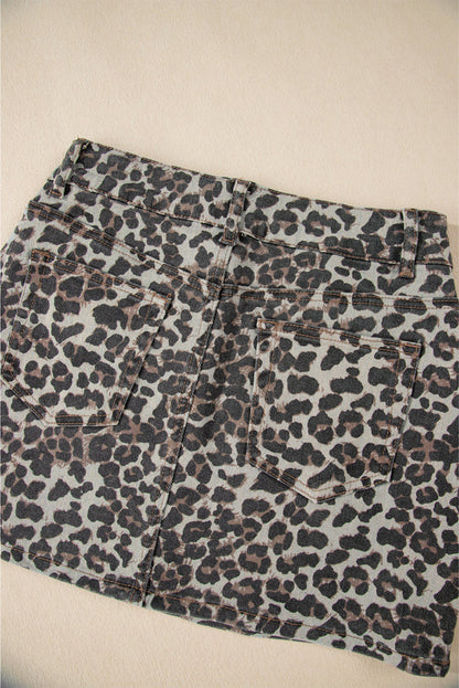 Khaki Leopard Denim Mini Skirt - Skirts/Mini