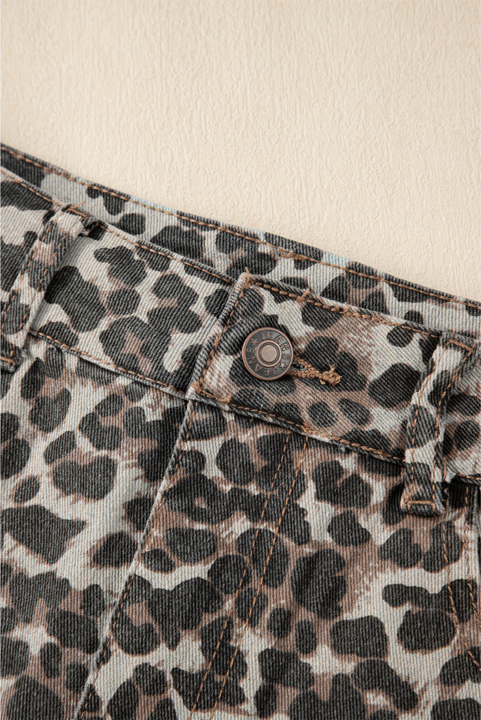 Khaki Leopard Denim Mini Skirt - Skirts/Mini