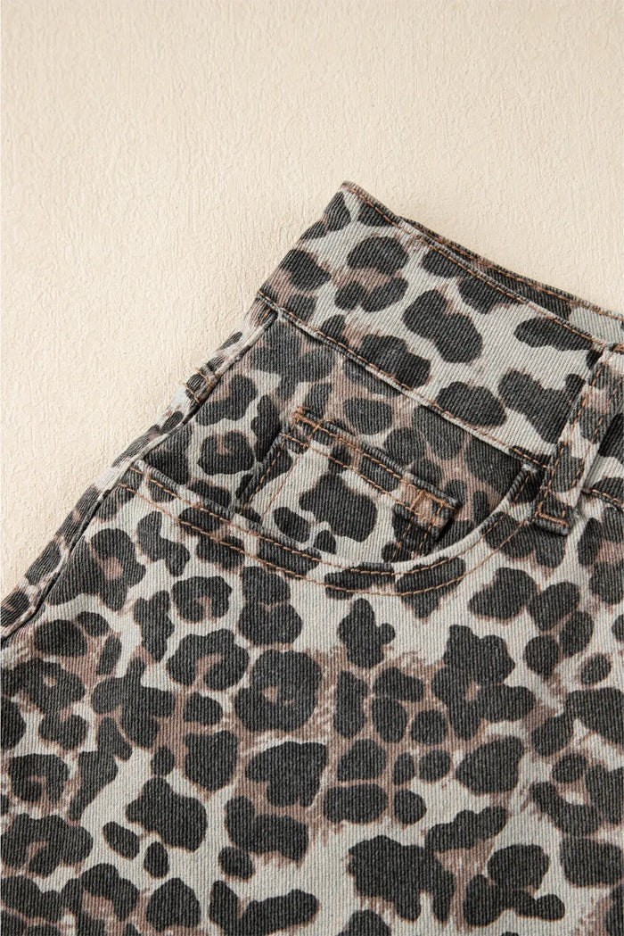 Khaki Leopard Denim Mini Skirt - Skirts/Mini