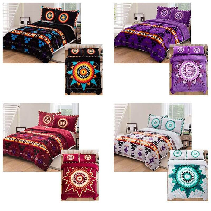 King Star design reversible sherpa bed set with Indigenous patterns