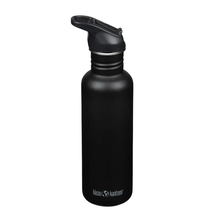Klean Kanteen Classic Flip Cap Stainless Steel Water Bottles 800ml in black colour shown from the side on a white background