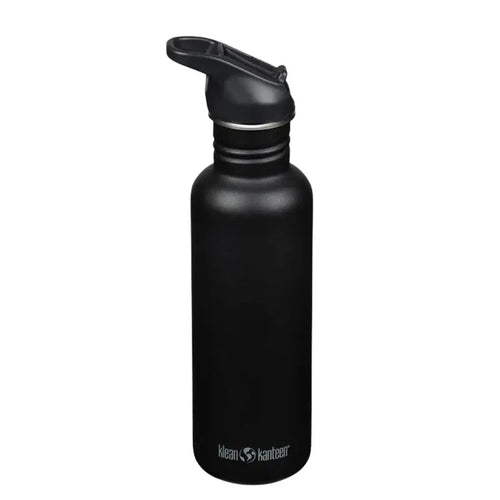 Klean Kanteen Classic Flip Cap Stainless Steel Water Bottles 800ml in black colour shown from the side on a white background