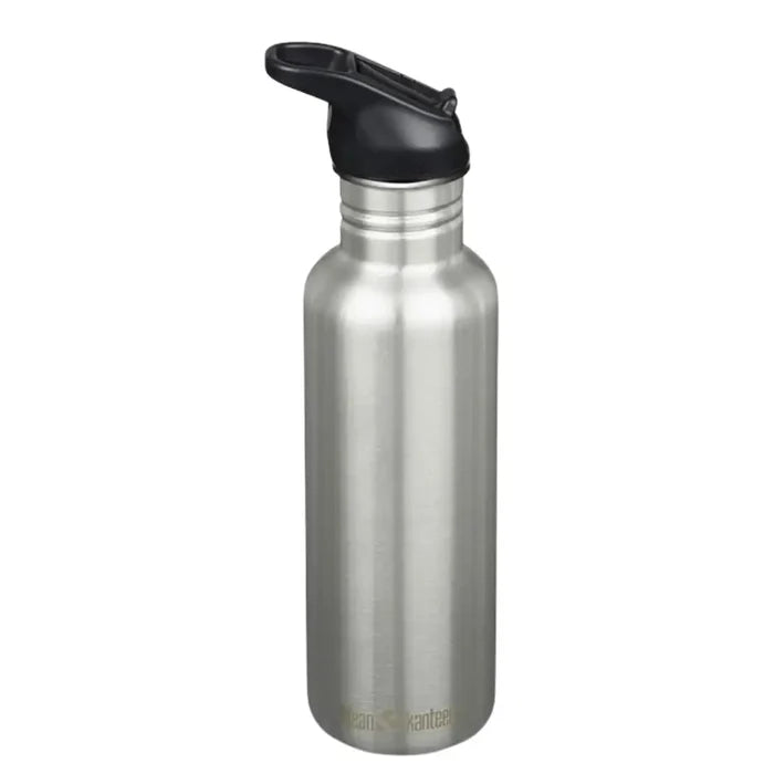 Klean Kanteen Classic Flip Cap Stainless Steel Water Bottles 800ml in Brushed Stainless Silver colour shown from the side on a white background