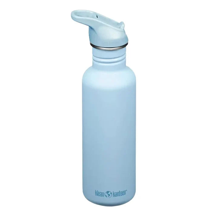 Klean Kanteen Classic Flip Cap Stainless Steel Water Bottles 800ml in Clear Sky blue colour shown from the side on a white background
