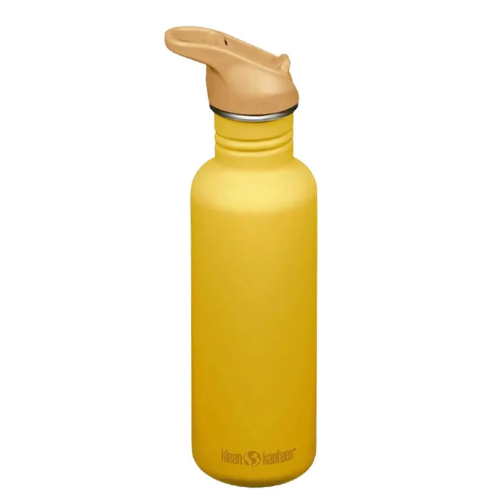 Klean Kanteen Classic Flip Cap Stainless Steel Water Bottles 800ml in Sunset yellow colour shown from the side on a white background