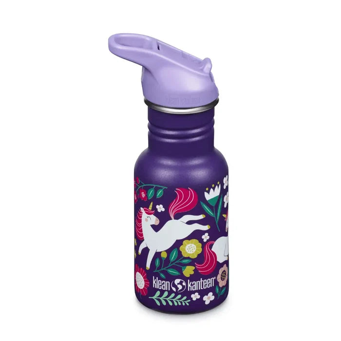 Klean Kanteen Kids Classic Water Bottle Flip Cap 355ml shown from the side in colour Leaping Unicorns purple